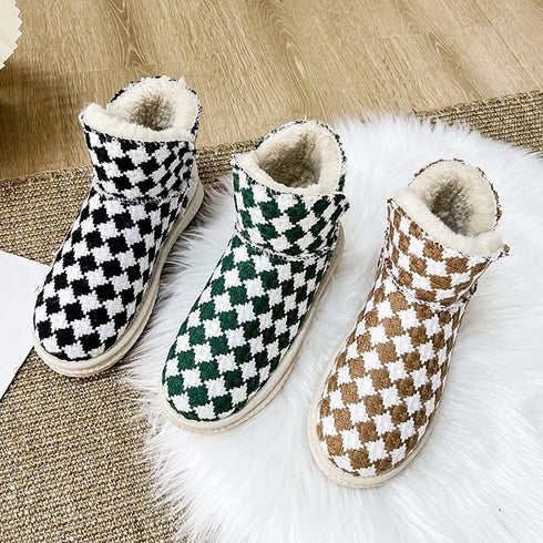 New Fashion Chessboard Plush Thickened Bottom Snow Boots